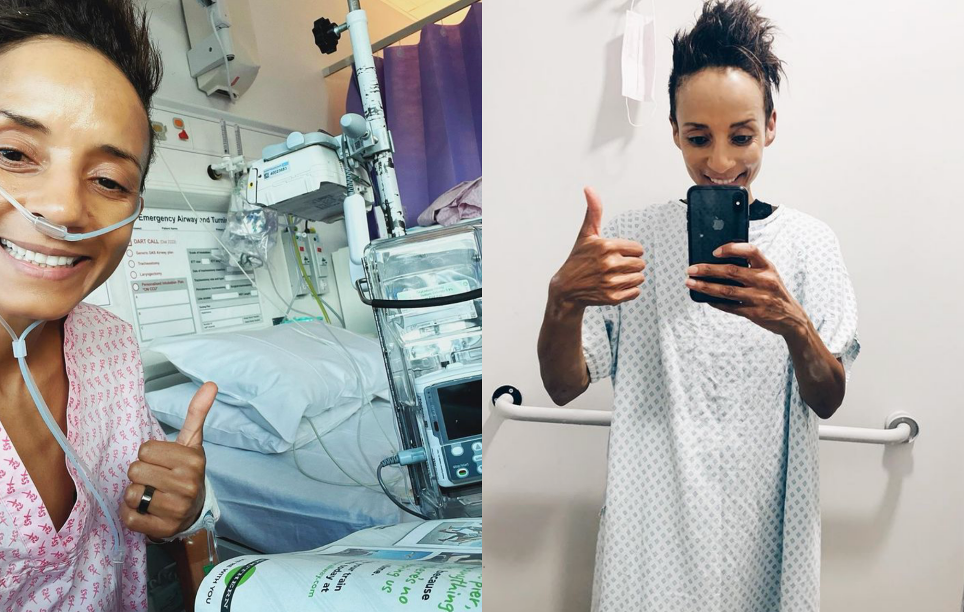 Adele Roberts in a hospital gown in bed after cancer surgery
