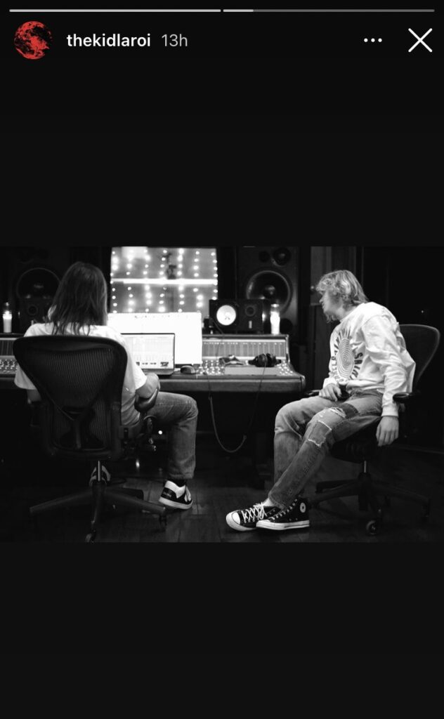 The Kid LAROI and Tame Impala's Kevin Parker at a mixing deck and laptop