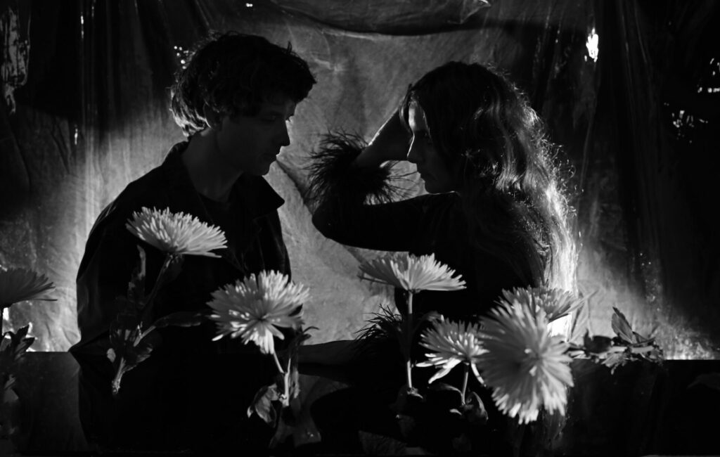 Beach House in black-and-white, facing each other in front of a series of white flowers