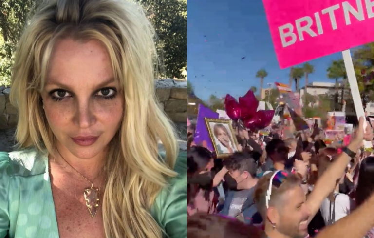 Britney Spears poses for a selfie, alongside a picture of a Britney Spears celebration rally
