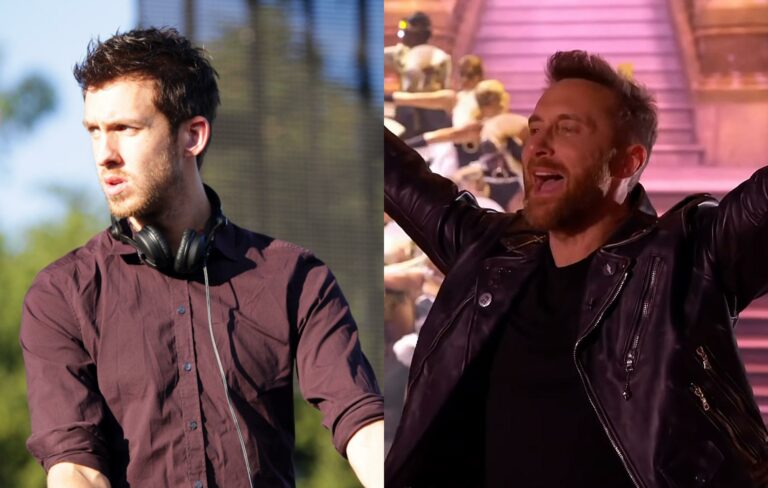 Calvin Harris and David Guetta pictured performing live in a composite image