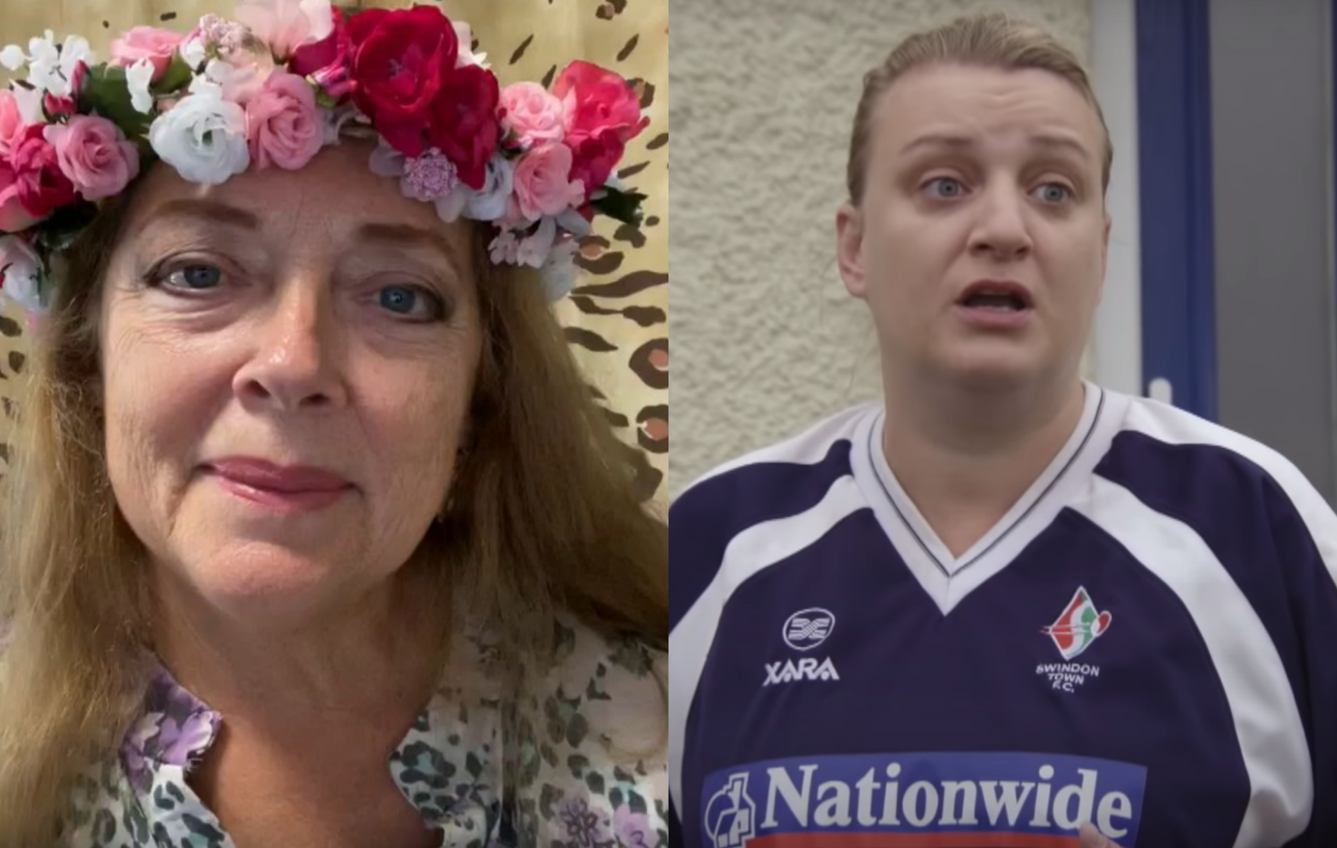 Carole Baskin in a flower crown and Daisy May Cooper in 'This Country;