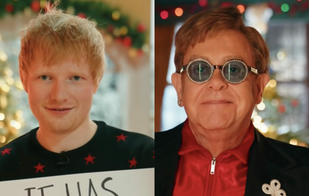 side-by-side images of Ed Sheeran and Elton John in a preview clip of their new collaborative single 'Merry Christmas'.
