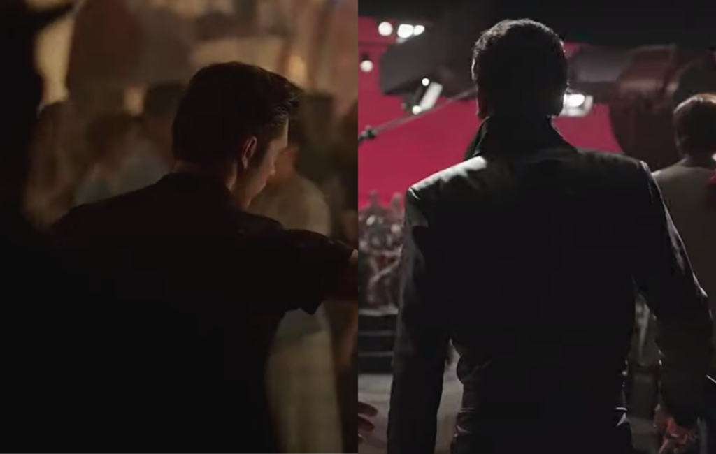 Austin butler wears a black shirt and black leather jacket with slicked back hair, shot from behind