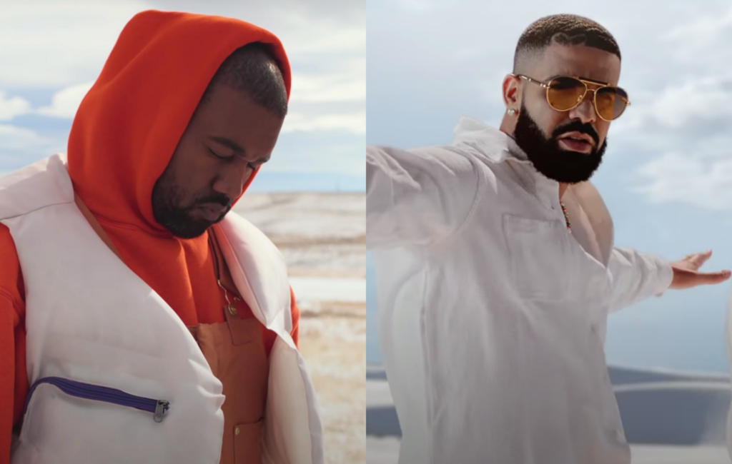 Kanye West in an orange hoody and Drake in sunglasses and a white shirt