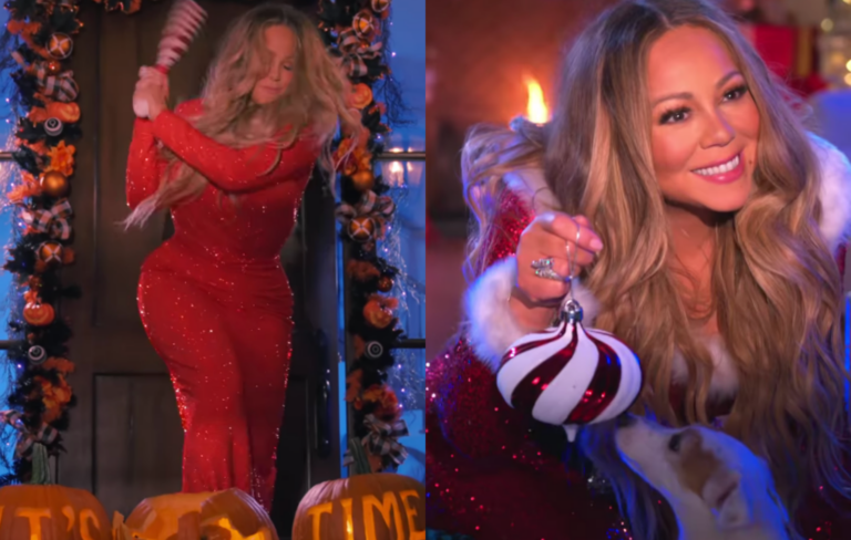 Mariah Carey smashes a pumpkin to mark the end of Halloween and the beginning of Christmas