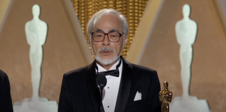 Screenshot of Miyazaki accepting an honorary award at the 2014 Governors Awards.