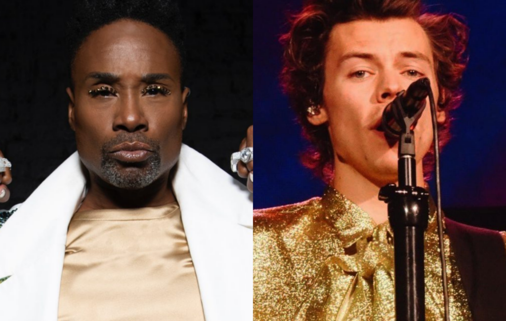 Billy Porter in a gold shirt and white coat (left) next to Harry Styles in a gold shirt (right)