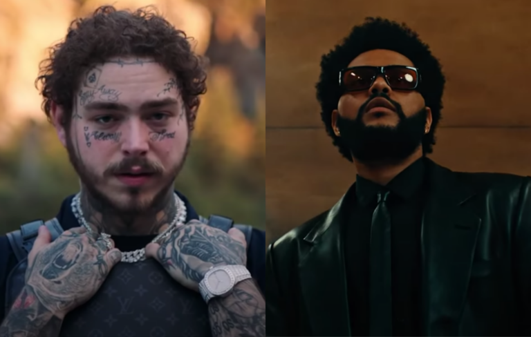 Post Malone in the music video for 'I Fall Apart' and The Weeknd in the music video for 'Take My Breath'