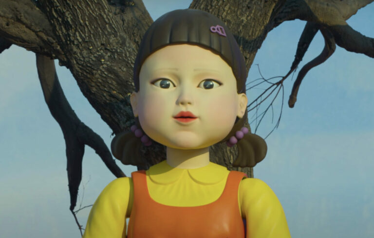 A close-up still of the 'Red Light, Grren Light' doll from Netflix's 'Squid Game'