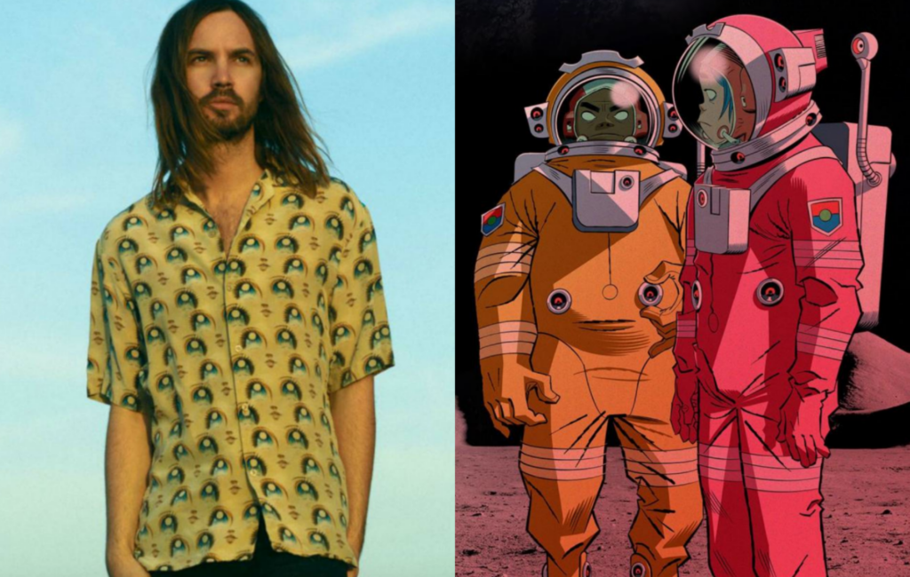 Kevin Parker from Tame Impala in a yellow shirt, next two two members of Gorillaz in space suits