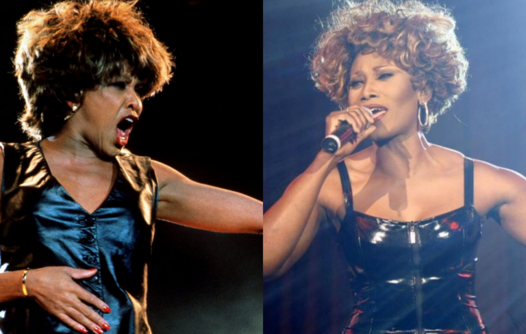Tina Turner sings and wears black next to tribute act Dorothea 'Coco' Fletcher
