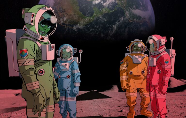 Animated members of Gorillaz pose in a press shot