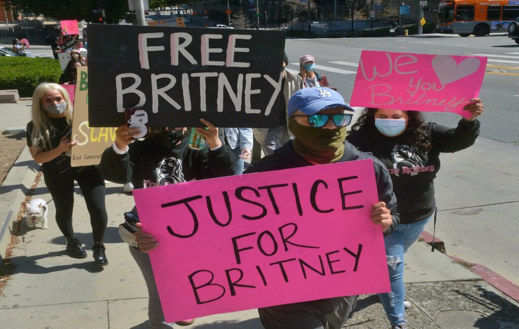 Britney Spears fans protest outside a conservatorship court hearing at Los Angeles Superior Court in Los Angeles on Wednesday, March 17, 2021