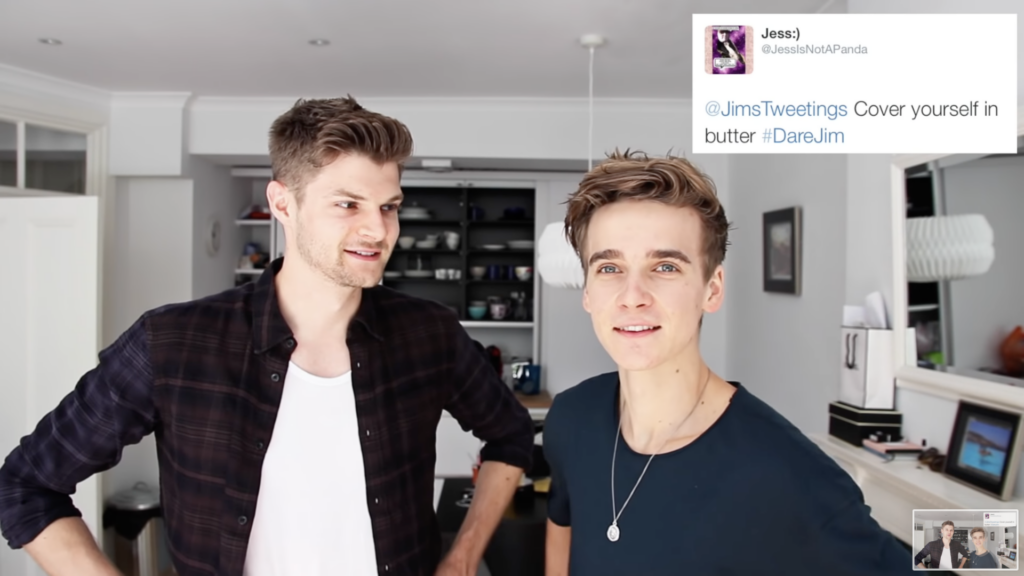 Jim Chapman and Joe Sugg in a screengrab from the video 'JOE SUGG WAXED MY ARMPITS! #DAREJIM'