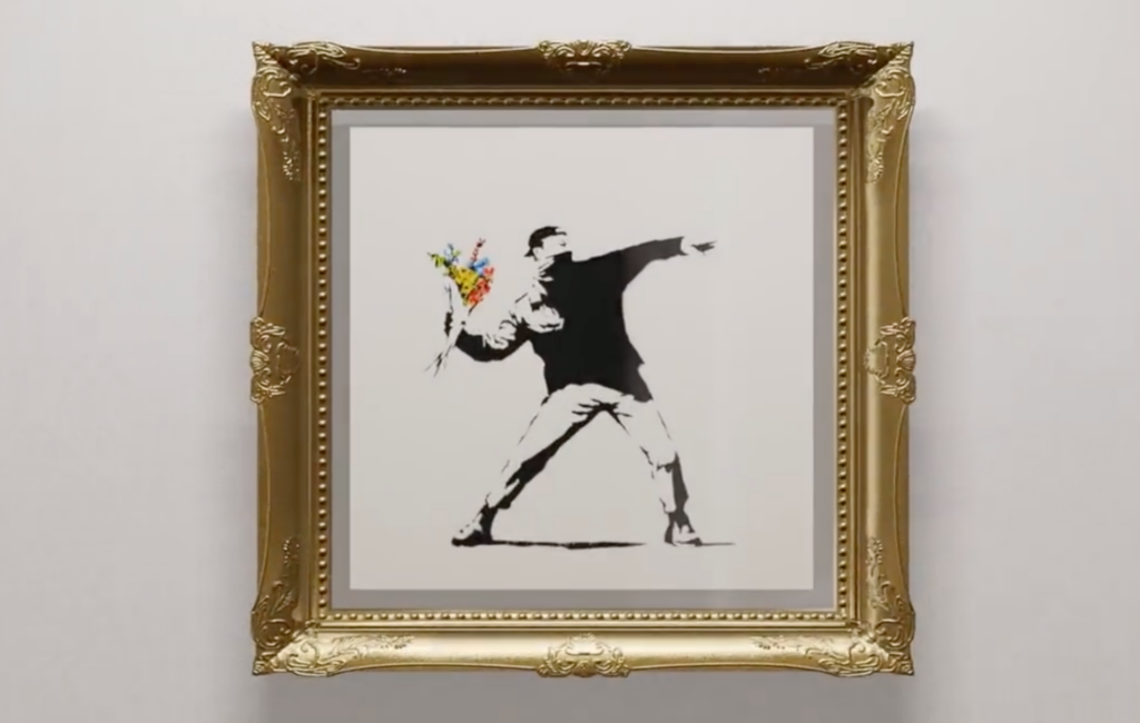 A man throws a colourful bouquet of flowers in Love Is in the Air by 'Banksy