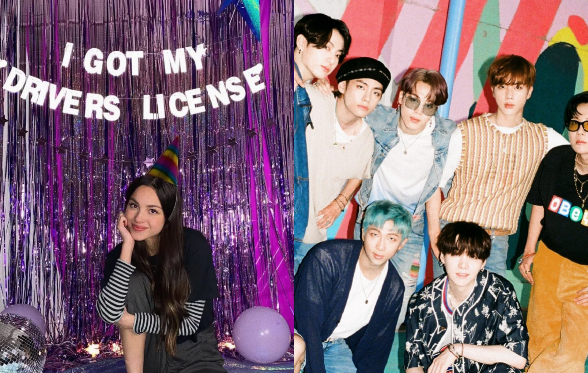 Olivia Rodrigo against a 'I got my drivers license sign' and BTS in a group photo