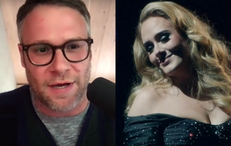 Seth Rogan speaks in a interview with 'The Jimmy Fallon Show' next to a photo of Adele performing live