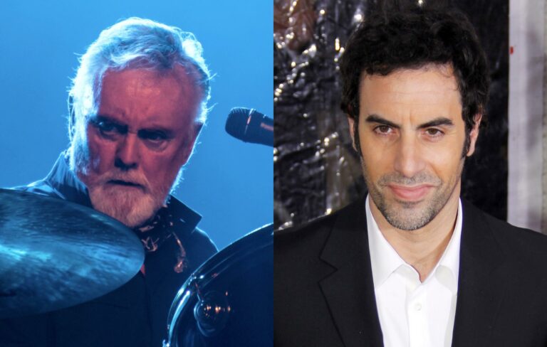 Queen drummer Roger Taylor and Sacha Baron Cohen pose in a composite image