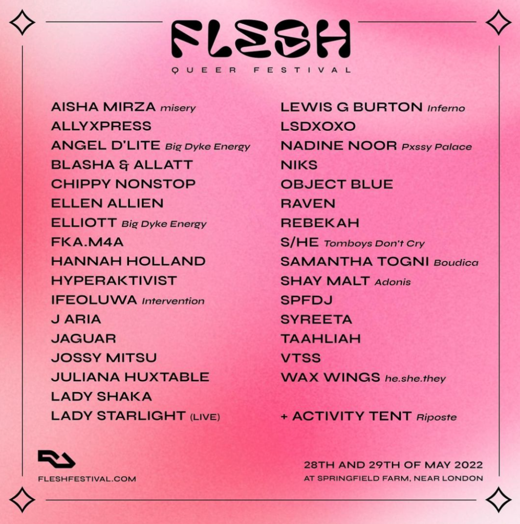 Flesh Festival full lineup on a pink poster
