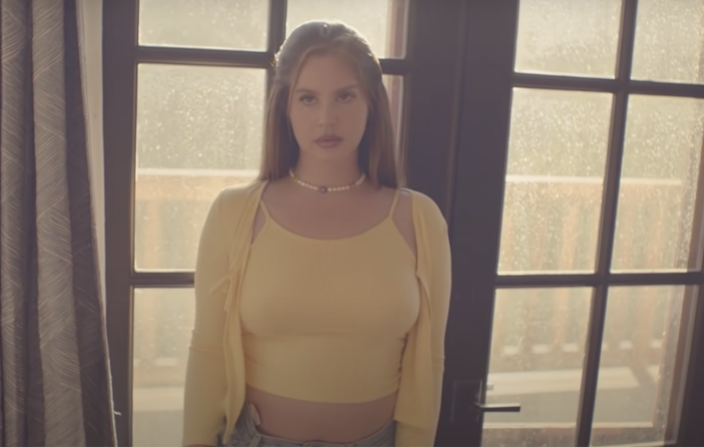 Lana Del Rey wears a yellow vest and cardigan against a bright window