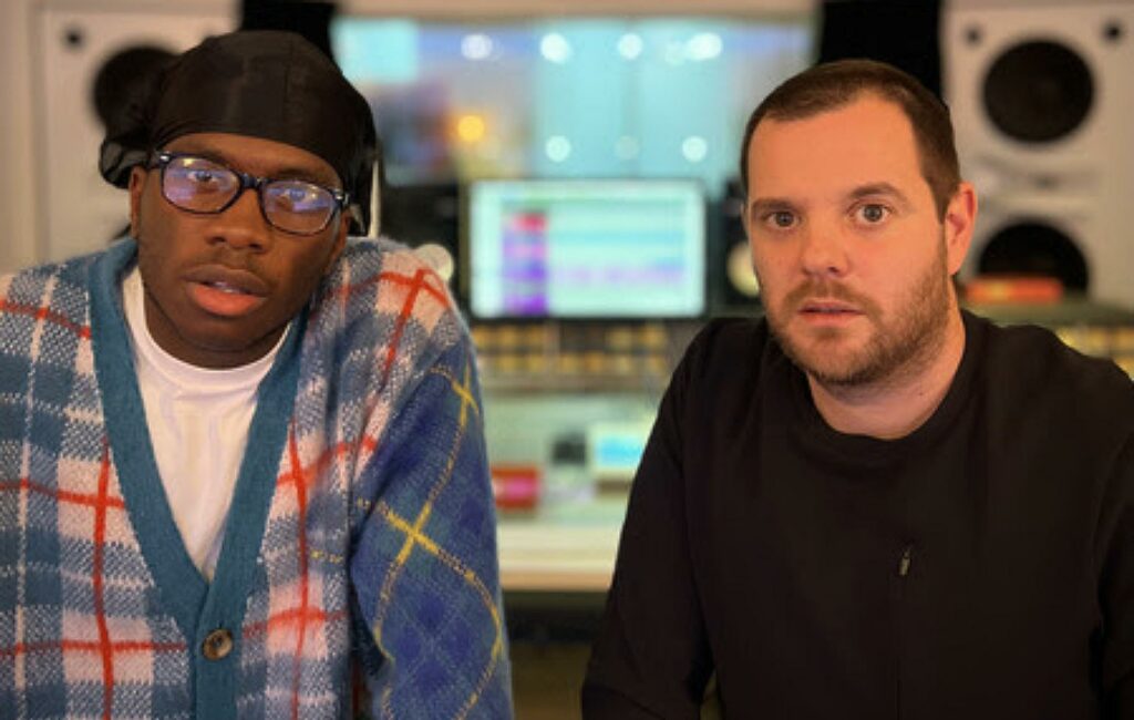 Master Peace (left) and Mike Skinner of The Streets (right) pose in a recording studio