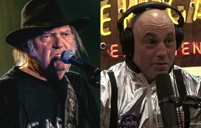 Neil Young and Joe Rogan pictured in a composite image