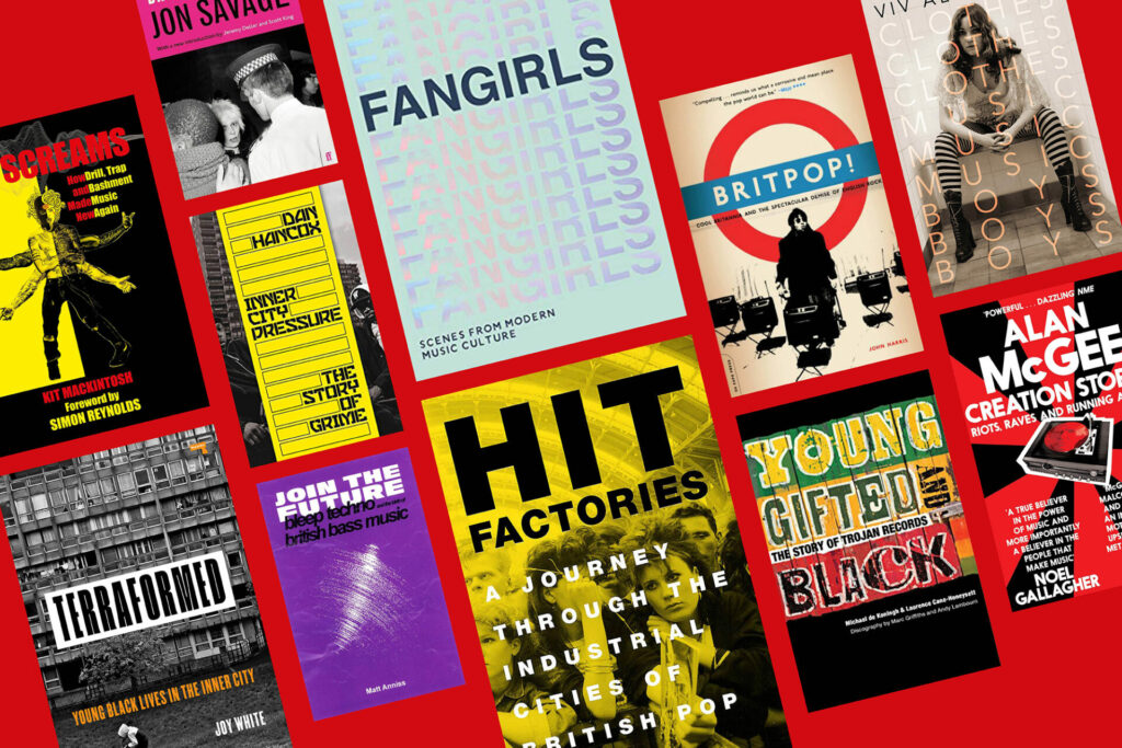 A collage of music and culture books on a red background