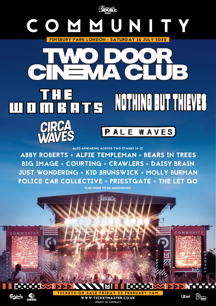 Community festival line-up poster, with Two Door Cinema Club headlining
