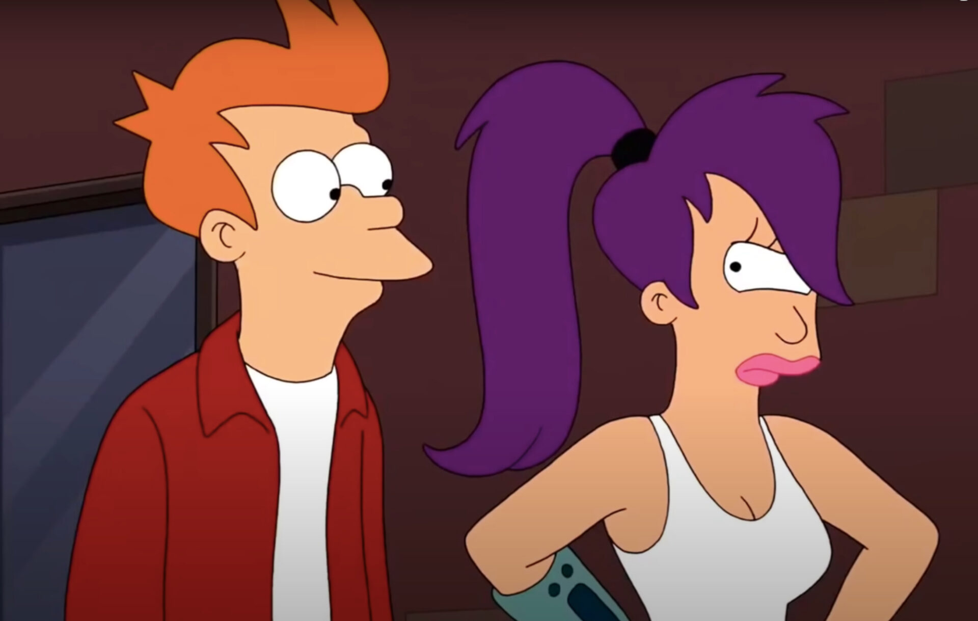 a still from animated sci-fi Futurama showing Fry and Leela