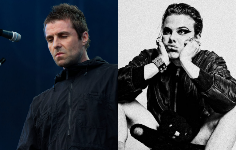 Liam Gallagher performs live next to a black and white press photo of yungblud with his head in his hands
