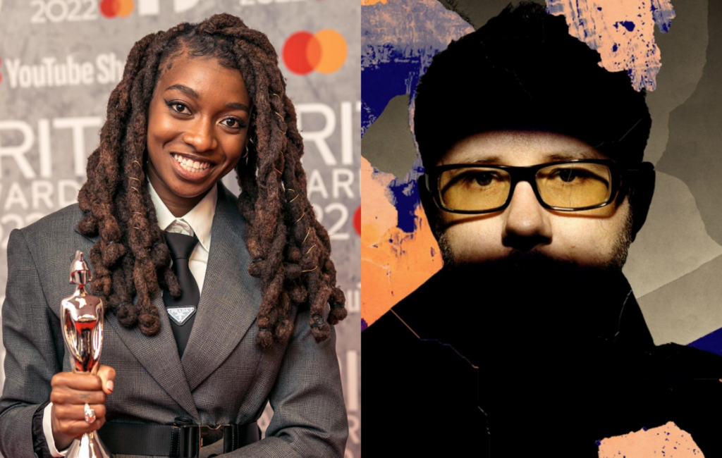 Little Simz poses with her Brit Award next to a photo of Tom Rowlands