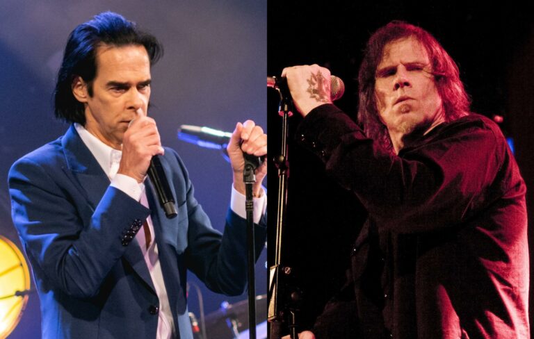 Nick Cave and Mark Lanegan pose onstage in a composite image