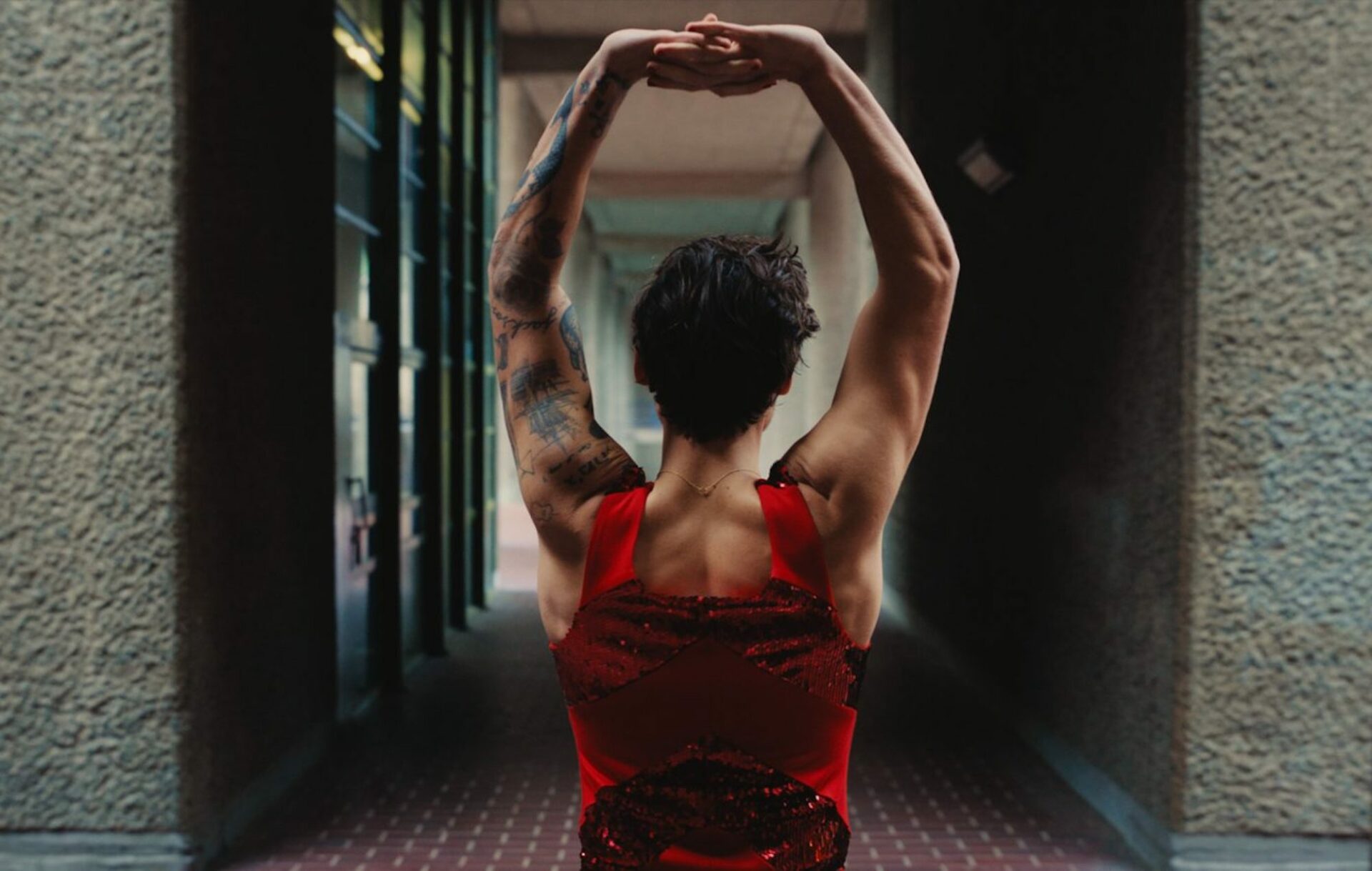 Harry Styles wearing a red dress facing away from the camera with his hands above his head