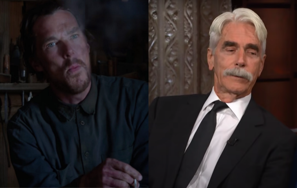 Benedict Cumberbatch smoking in a still from 'The Power of the Dog' next to a picture of Sam Elliot on a talk show