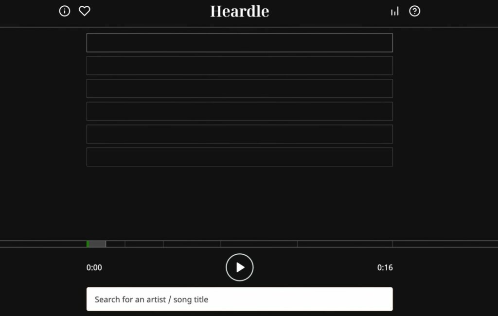 The homepage of 'Heardle' feature a play button and five blank spaces