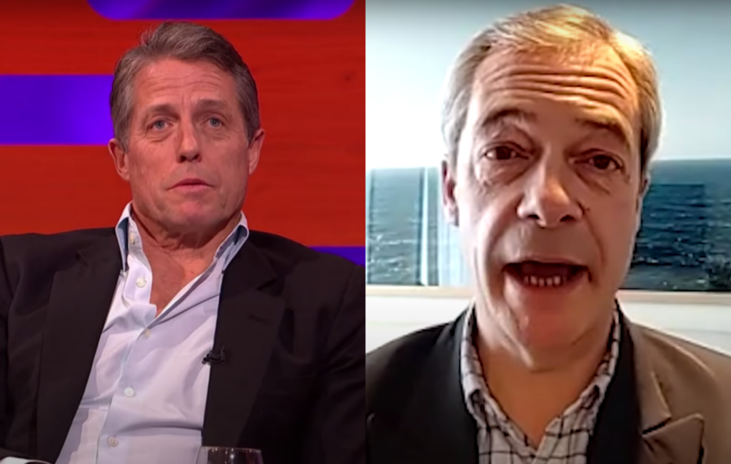Hugh Grant on the Graham Norton show next to a picture of Nigel Farage on the news