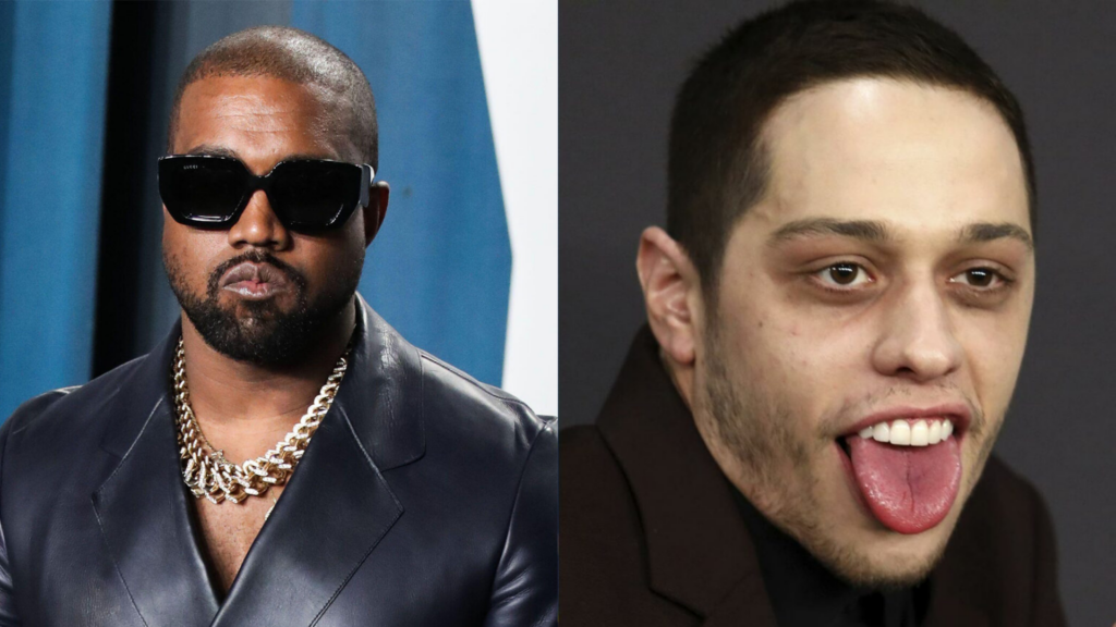 Kanye West wears sunglasses and a leather jacket next to a picture of Davidson sticking his tongue out