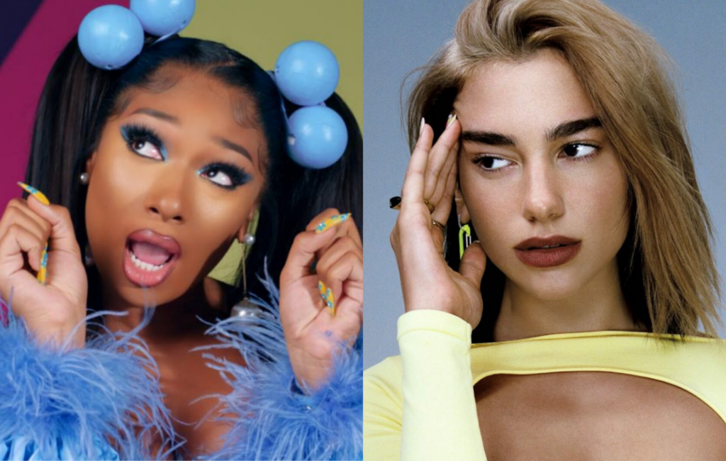 Megan Thee Stallion wears a feathery top and blue bobbles in her hair next to a picture of Dua Lipa with blonde hair in a yellow top