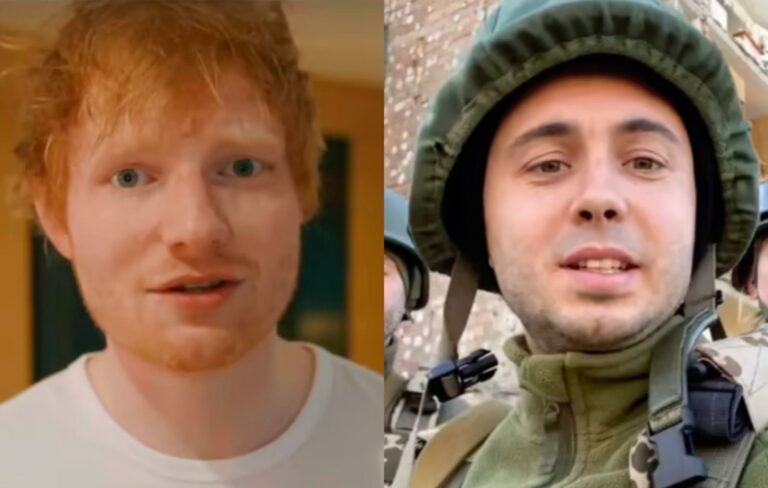 Ed Sheeran and a member of Ukraine band Antytila are seen in a composite image