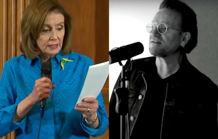 Nancy Pelosi and Bono pictured in a composite image