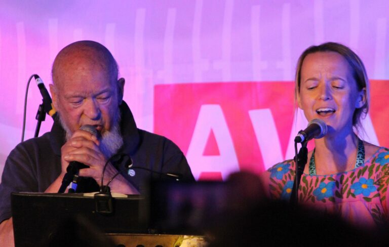 Emily Eavis (r) and her father Michael Eavis (l) seen in the e Avalon Cafe at Glastonbury festival