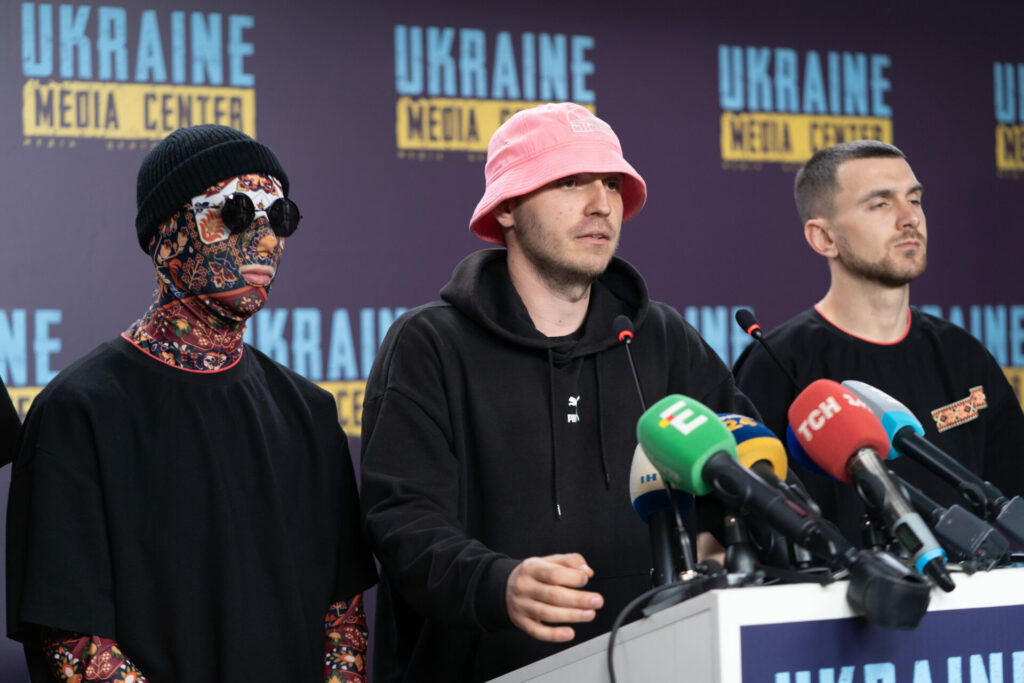 Ukraine’s Eurovision 2022 hopefuls Kalush Orchestra giving a press conference in Lviv