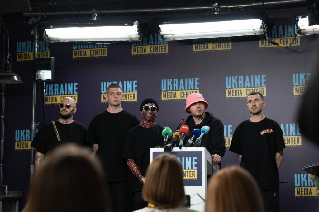 Ukraine’s Eurovision 2022 hopefuls Kalush Orchestra giving a press conference in Lviv