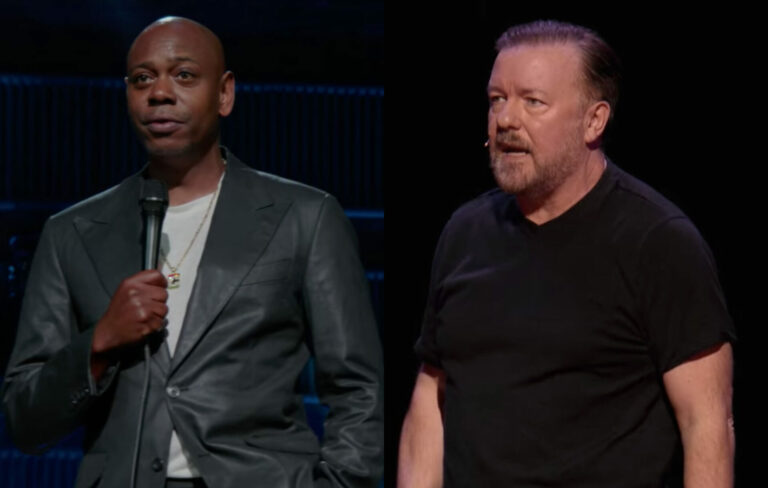stills of Dave Chappelle in 'The Closer', and Ricky Gervais in 'SuperNature'