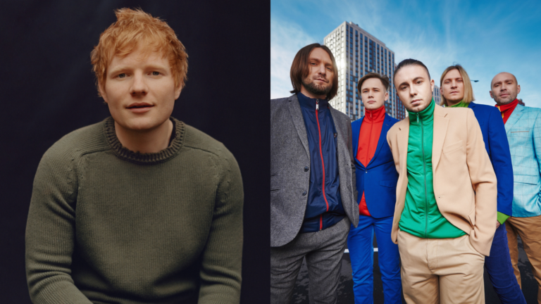 Ed Sheeran poses for a press shot next to a picture of the four members of Antytila