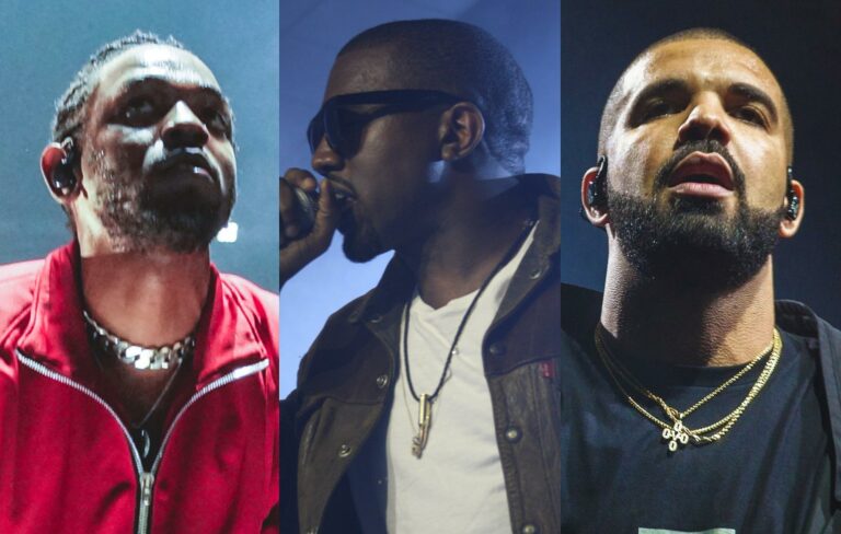 Kendrick Lamar, Kanye West and Drake in a composite image