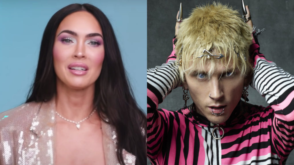 Megan Fox in a headshot for a video interview next to a press shot of MGK in a pink and black shirt