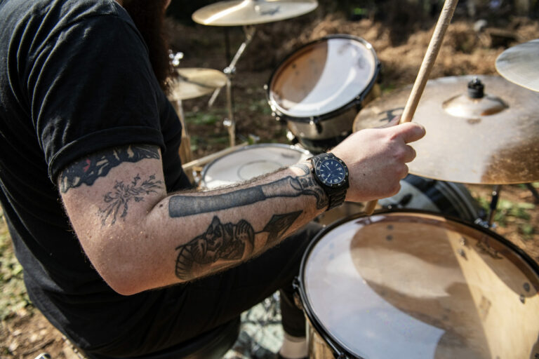 Drummer Jon Vernon wearing an Elliot Brown Watch