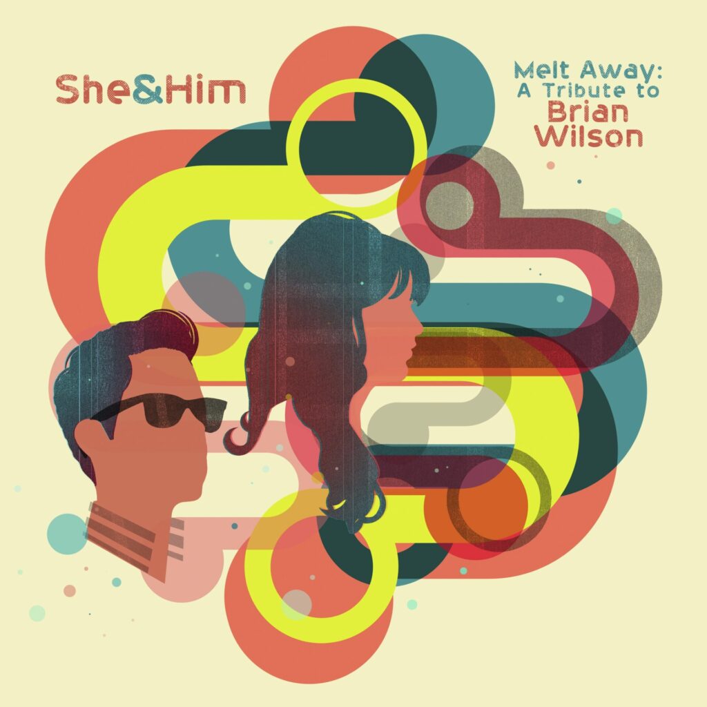 A green, red and blue pop art album cover with animated images of Zooey Deschanel and M.Ward